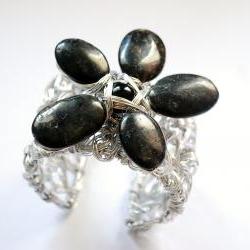 Obsidian Wire Wrapped Flower Bracelet Cuff