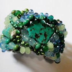  Beaded cuff bracelet made with Tuquoise gemstones, fresh water pearls and crystals