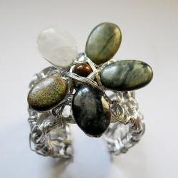 Obsidian, Quartz, Jasper Wire Wrapped Flower Bracelet Cuff