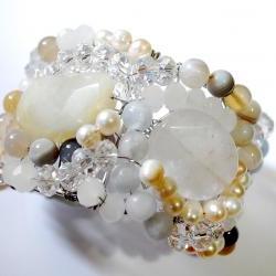 Beaded cuff bracelet made with Quartz, Botswana agate, fresh water pearls and crystals